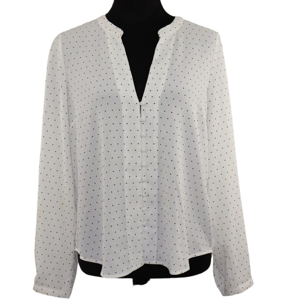 Forever 21 Women V-Neck Shirt White Polka Dot Button Up Long Sleeve Size M